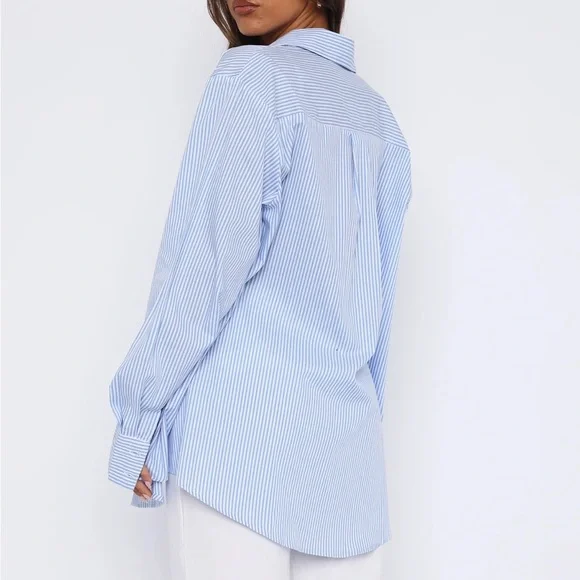 White Fox Boutique Always About Us Striped Button Up Shirt Light Blue Size S/M - Picture 8 of 15